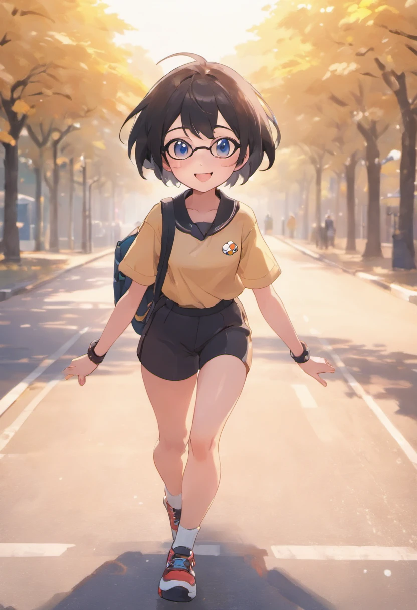 mdjrny-v4 style full length of photo of a ultra realistic beautiful cute girl, oval face, use glasses, short black hair, extremely detail, smile and funny, walk on the road, , natural light, pale sunrise, cinematic lighting, low angle, 4k, hyper realistic, focused, extreme details