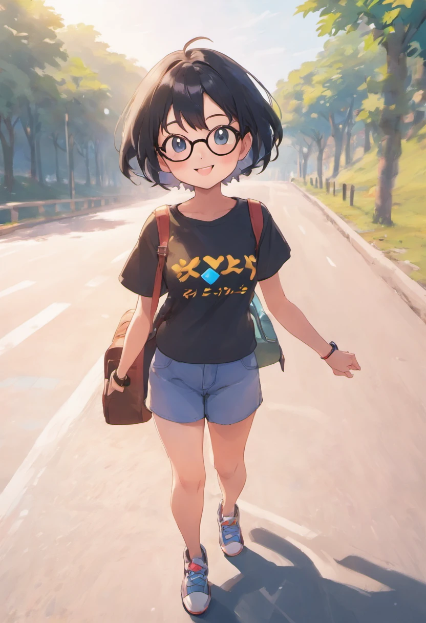 mdjrny-v4 style full length of photo of a ultra realistic beautiful cute girl, oval face, use glasses, short black hair, extremely detail, smile and funny, walk on the road, 17 years old, natural light, pale sunrise, cinematic lighting, low angle, 4k, hyper realistic, focused, extreme details