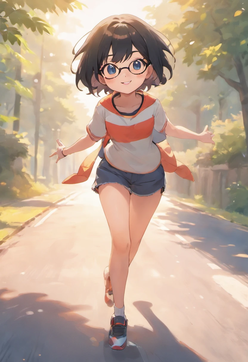 mdjrny-v4 style full length of photo of a ultra realistic beautiful cute girl, oval face, use glasses, short black hair, extremely detail, smile and funny, walk on the road, 17 years old, natural light, pale sunrise, cinematic lighting, low angle, 4k, hyper realistic, focused, extreme details