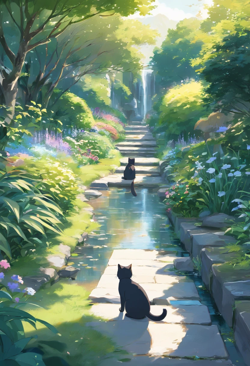 Scottish folding cat, Black and white, trpical garden. Small streams.