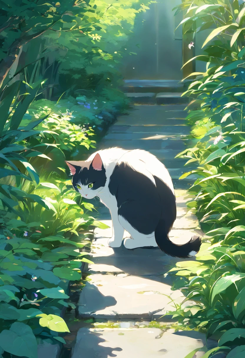Scottish folding cat, Black and white, trpical garden. Small streams.