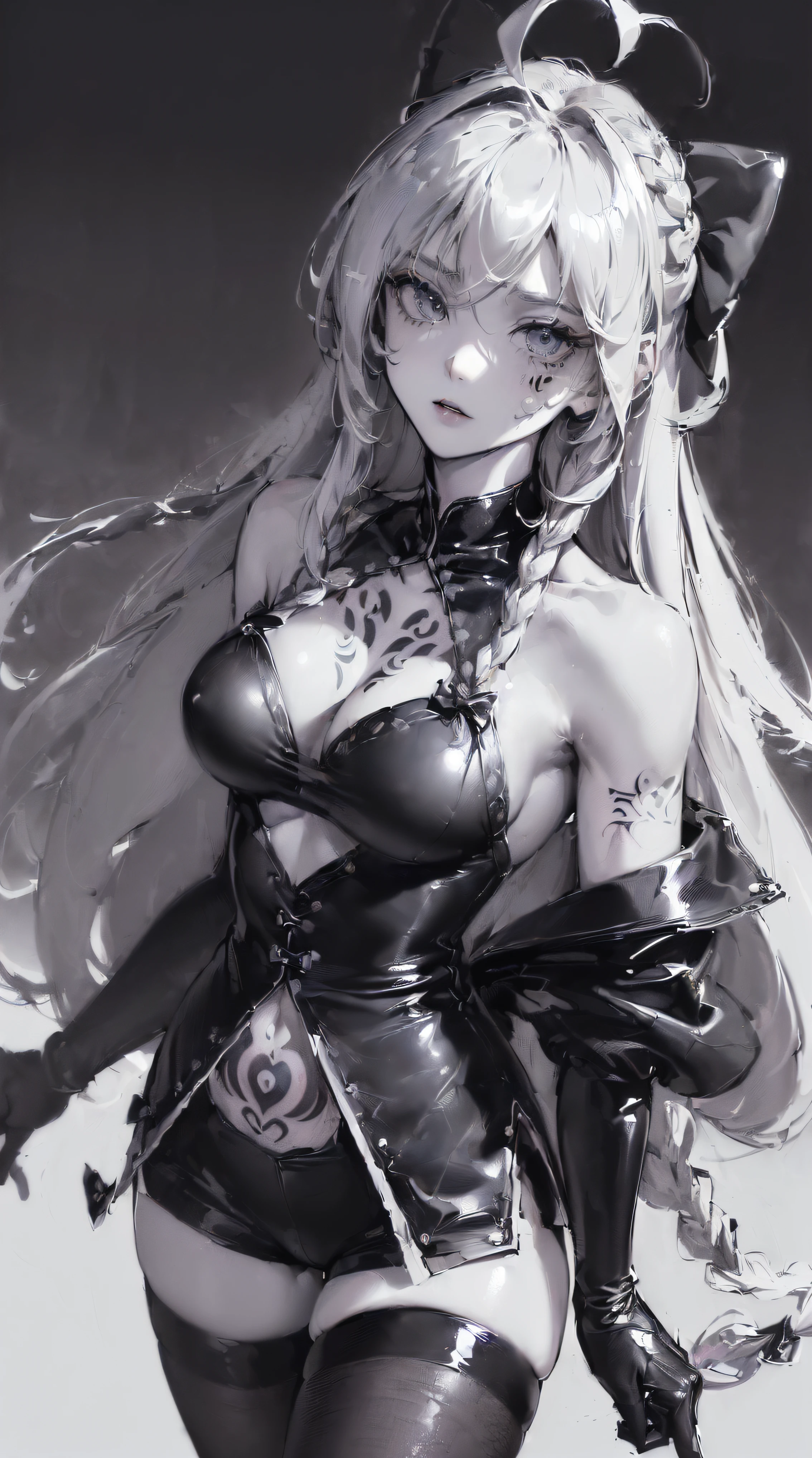 (((((((oil painting,monochromatic world, using only shades of black and white,facial tattoo,show thighs,thin thighs,))))))(((ta,head tilt,off shoulders,thighband pantyhose,))) (((blush:1.7,baggy cuffs,long leather gloves,breast hold))),(zentangle:1.1), (geometric:1.1), ((1girl,under-aged,amazing,sharp focus,seductive girl,Solo,from above:1.2))(Masterpiece,Best quality, offcial art, Beautiful and aesthetic:1.2),((超高分辨率,Golden ratio,)) (16k),((stand on water,cowboy shot,succubi,sagging breasts,Slime-like breasts,gigantic breasts)),(Physically-based rendering),Sharp focus, (((highdetailskin,))),Intricately detailed clothing,Delicate pupils,heart pupils,danfeng eye,((((detailed hair|long hair|braid bangs|long bold side bangs|top bow|ahoge|oily,shiny oil)))),Slender,(masterpiece sidelighting),(The sheen),(beautiful hair,beautiful eyes,)((unbelievable Ridiculous quality,blur background,)),((extremely_Detailed_Eyes_and_face)),Movie girl,(Dynamic configuration: 1.2),Brilliant,Glossy, (Photorealistic), ((hairpin)), two-sided fabric,disheveled hair,Ultra-precise depiction, Ultra-detailed depiction,