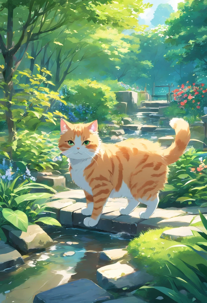 Scottish folding cat , trpical garden.Small streams.