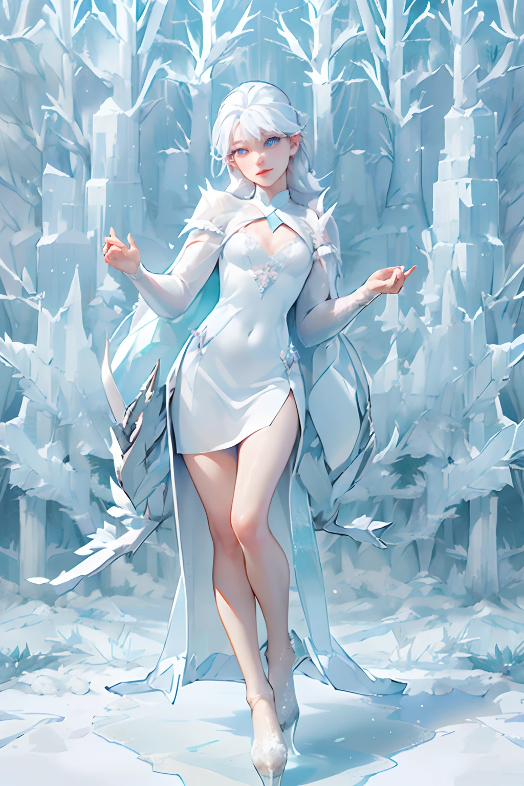((top-quality, masutepiece, Top image quality, 8K)), ((1girl in, perfectly proportions, Beautiful body, Detailed skin, Detailed eyes, Realistic middle chest:1.5)), ((perfectly proportions, Beautiful body, showing your whole body:1.5)), (Best Ratio: 4 fingers, 1 thumb), Trees in the snowfield shining in the morning glow々々々々And ice, Smiling young woman in white fur long coat, ((Everything is sparkling、reflecting light:1.2)), ((White Frozen Forest:1.8)),