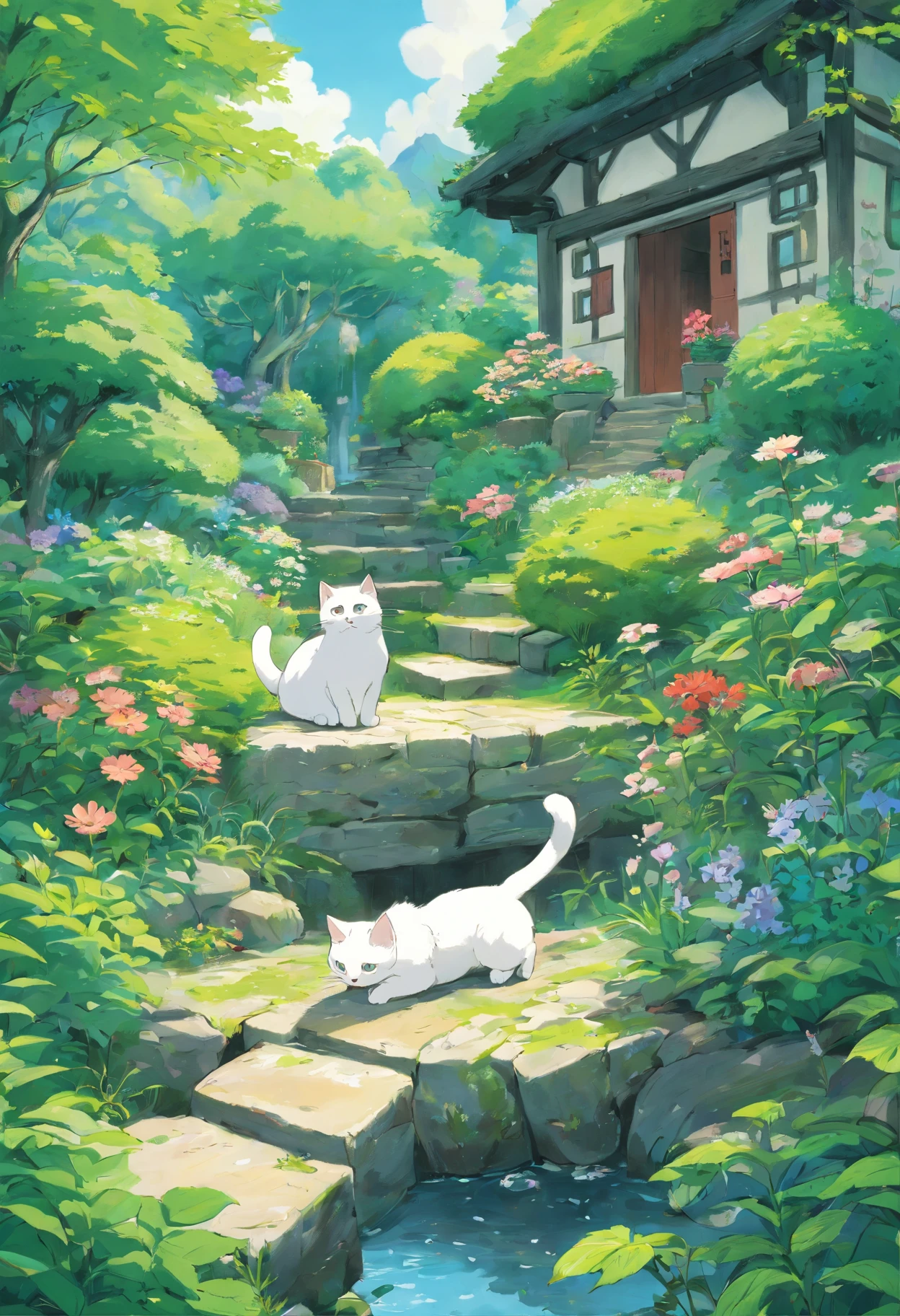 Scottish folding cat, Black and white, trpical garden.Small streams.