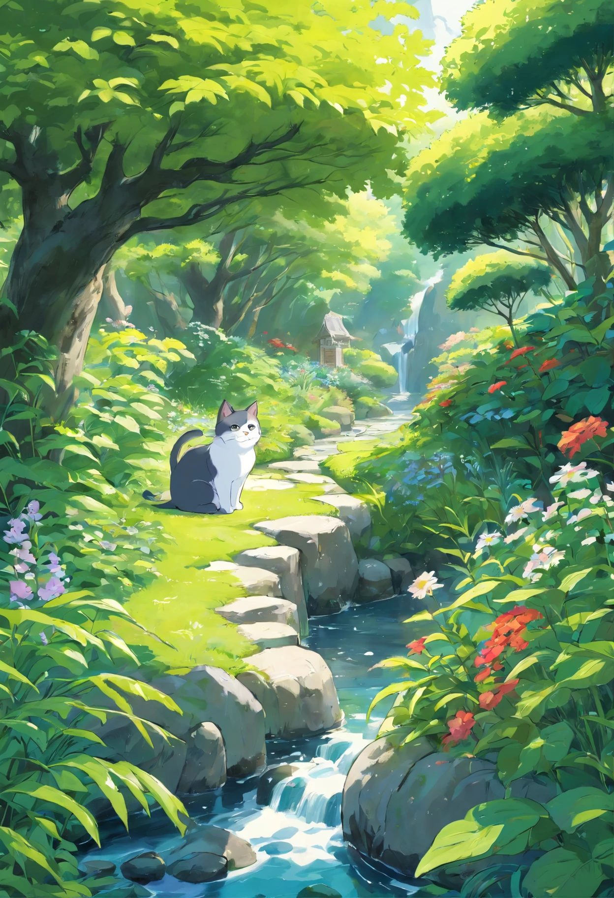 Scottish folding cat, Black and white, trpical garden.Small streams.