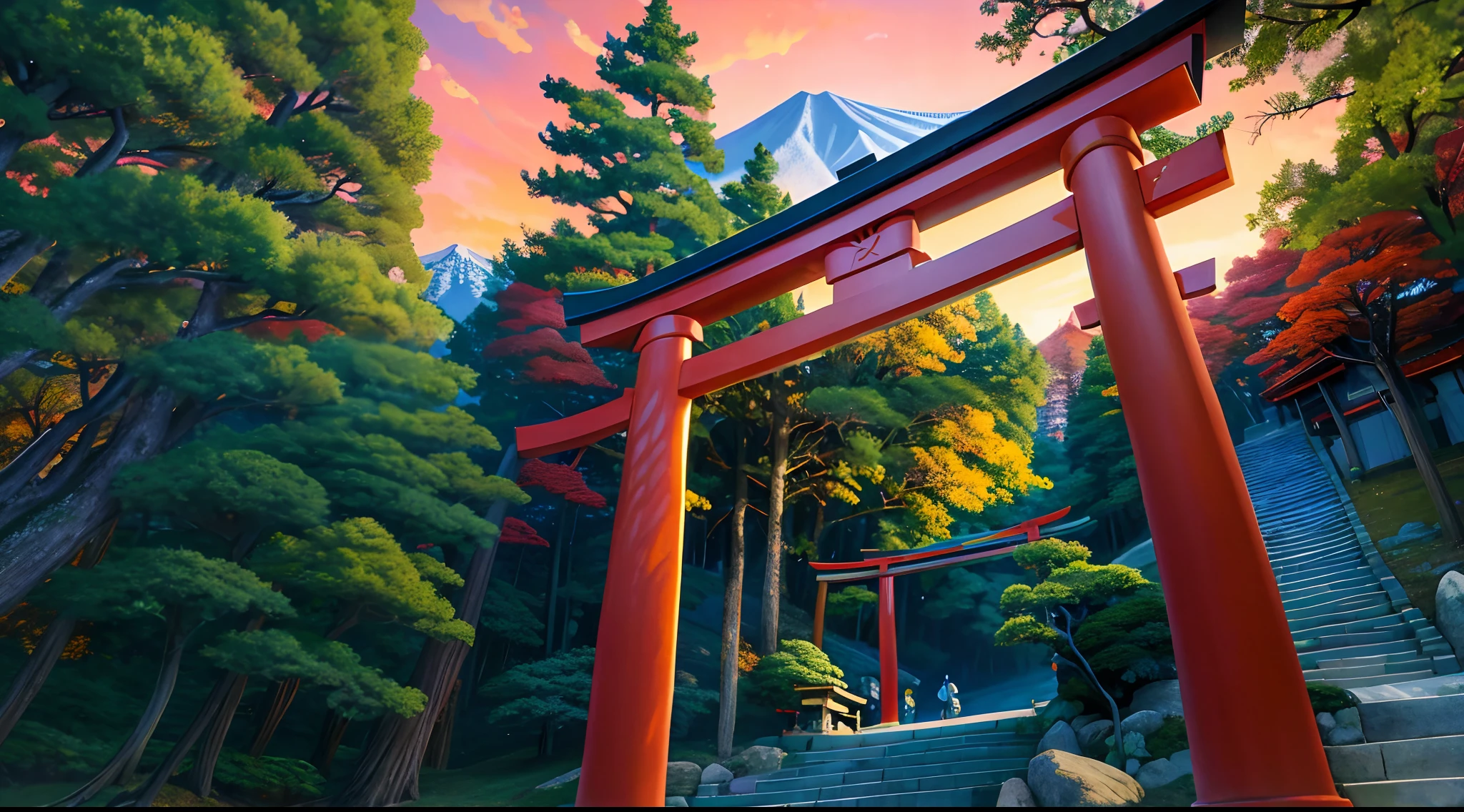 there is a painting of a tori gate in the middle of a forest, torii in a moutain with trees, japanese torii in a moutain, inspired by Torii Kiyomoto, inspired by Torii Kiyomasu, anime background art, inspired by Torii Kiyomasu II, colorful anime movie background, beautiful anime scenery, anime background