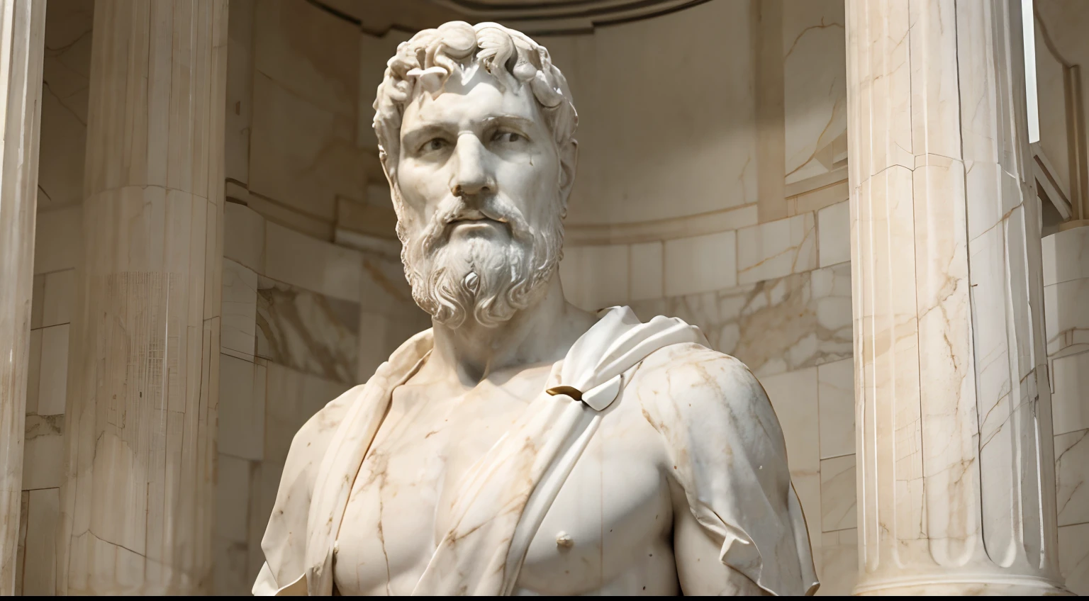 A realistic white Greek marble statue of Marcus Epicurus carefully detailed wearing a ghostly toga, fundo neutro, Moody, , fotorrealista, Jantar de cinema atencioso, super detalhada, Hiper realista, luzes brilhantes, 8 mil
