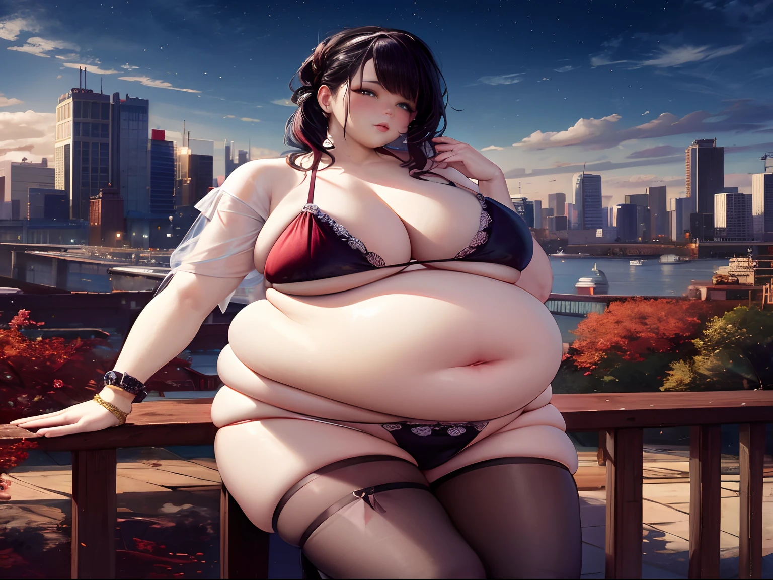 Obese pregnant woman in lingerie posing on a balcony with a city skyline in the background, thicc, seductive fat girl, she has a jiggly fat round belly, beautiful alluring anime woman, bbwchan, artwork in the style of guweiz, giantess art, hyperrealistic full figure, beautiful face, thicc goth girlfriend, soft fat belly, soft fat highs, soft fat arms, soft fat hands, sfw,