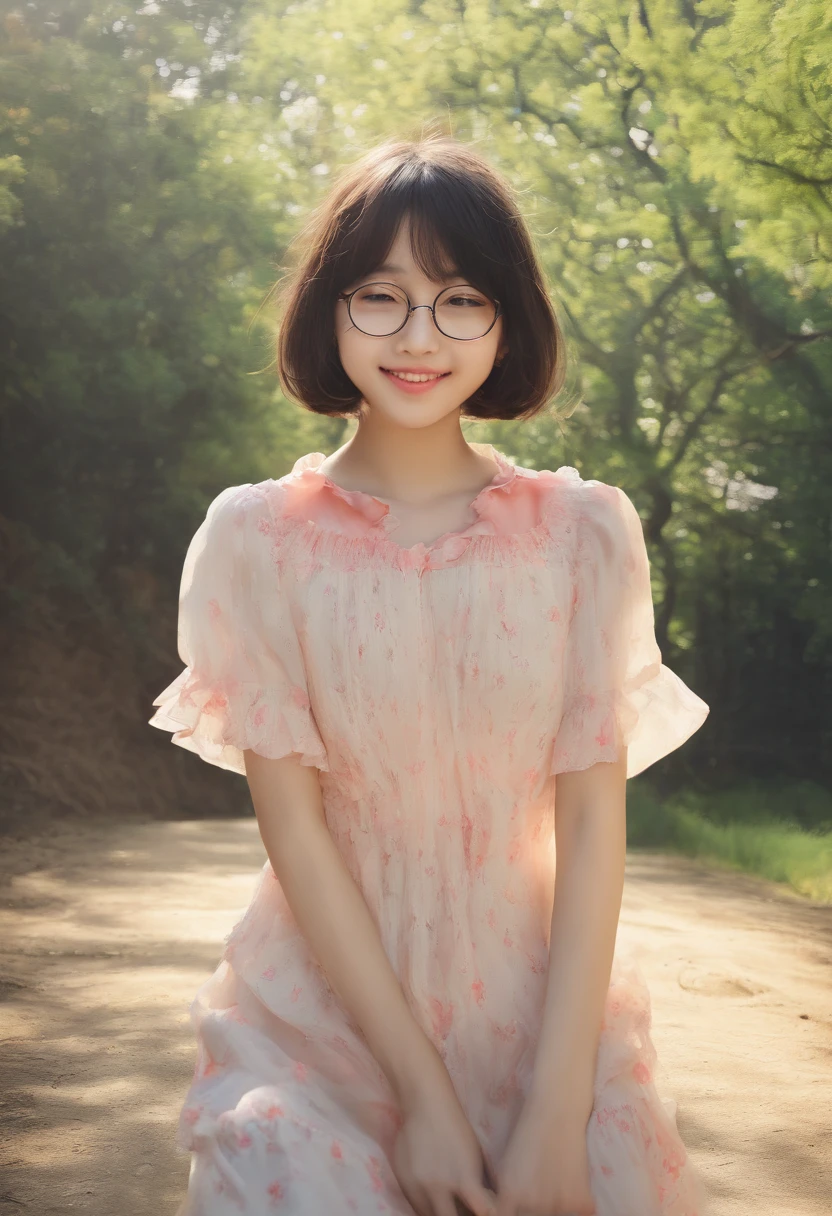 mdjrny-v4 style full length of photo of a ultra realistic beautiful cute girl, oval face, use glasses, short black hair, extremely detail, smile and funny, walk on the road, 17 years old, natural light, pale sunrise, cinematic lighting, low angle, 4k, hyper realistic, focused, extreme details