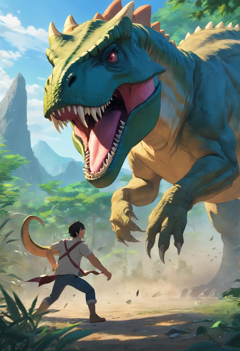 A fierce battle between Tyrannosaurus rex and Triceratops, (Best quality, 4K, A high resolution, ultra - detailed), Fierce struggle, Roars and horns, Dusty prehistoric landscape, realistic shaded, Vivid colors, (A detailed, 复杂, exquisite) Dinosaur scales and textures, Dynamic movement, (furious, determined) The expression on the face of a dinosaur, (stark, Muscular) institution, Sharp teeth and horns, (big assa, imponent) Size, (Dramatic, Dynamic) illuminating, (stark, Energetic) enhancing, (Tension, Anticipation) In the air,1 vs 1,bloods,hunting,Defense dose,A fight to the death
