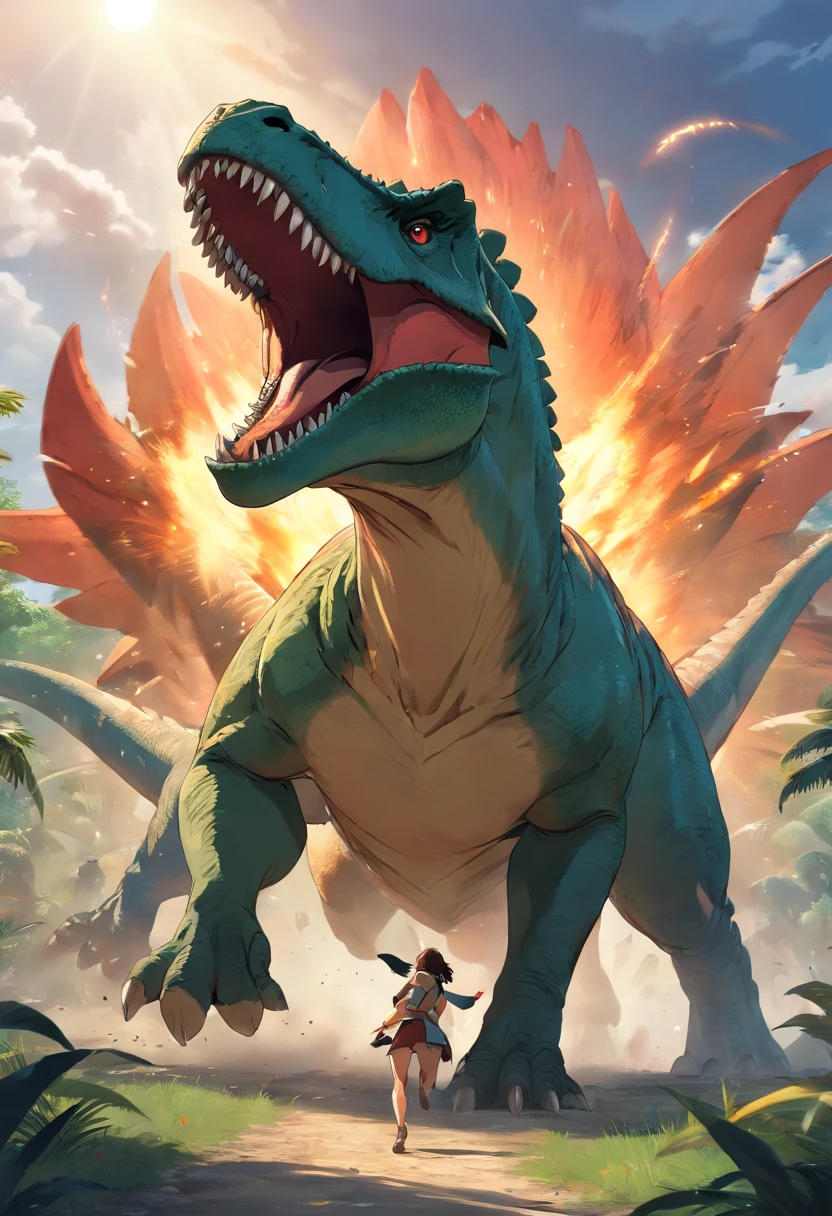 A fierce battle between Tyrannosaurus rex and Triceratops, (Best quality, 4K, A high resolution, ultra - detailed), Fierce struggle, Roars and horns, Dusty prehistoric landscape, realistic shaded, Vivid colors, (A detailed, 复杂, exquisite) Dinosaur scales and textures, Dynamic movement, (furious, determined) The expression on the face of a dinosaur, (stark, Muscular) institution, Sharp teeth and horns, (big assa, imponent) Size, (Dramatic, Dynamic) illuminating, (stark, Energetic) enhancing, (Tension, Anticipation) In the air,1 vs 1,bloods,hunting,Defense dose,A fight to the death