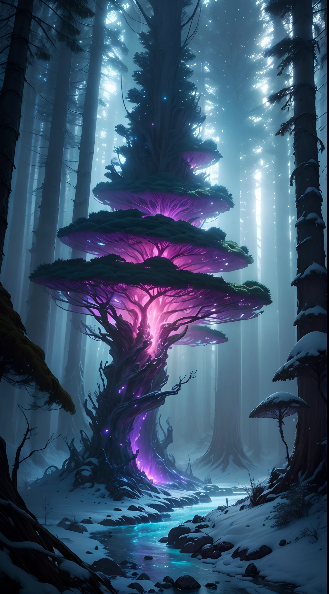 (Magical Digital Artwork:1.3), (masterpiece), a magical florest, gorgeous landscape, strange trees, magical glow, adventure, , snow, (florest:1.3),cinematic, mushrooms,, (ciano glow:1.3), artstation, fantasy, epic, (light particles:1), (night:1.3), snow, a eery atmospere, nature texture,grass, rocks, radioactive, spectral,crazy, alllien asthetic, breath taking,amazing