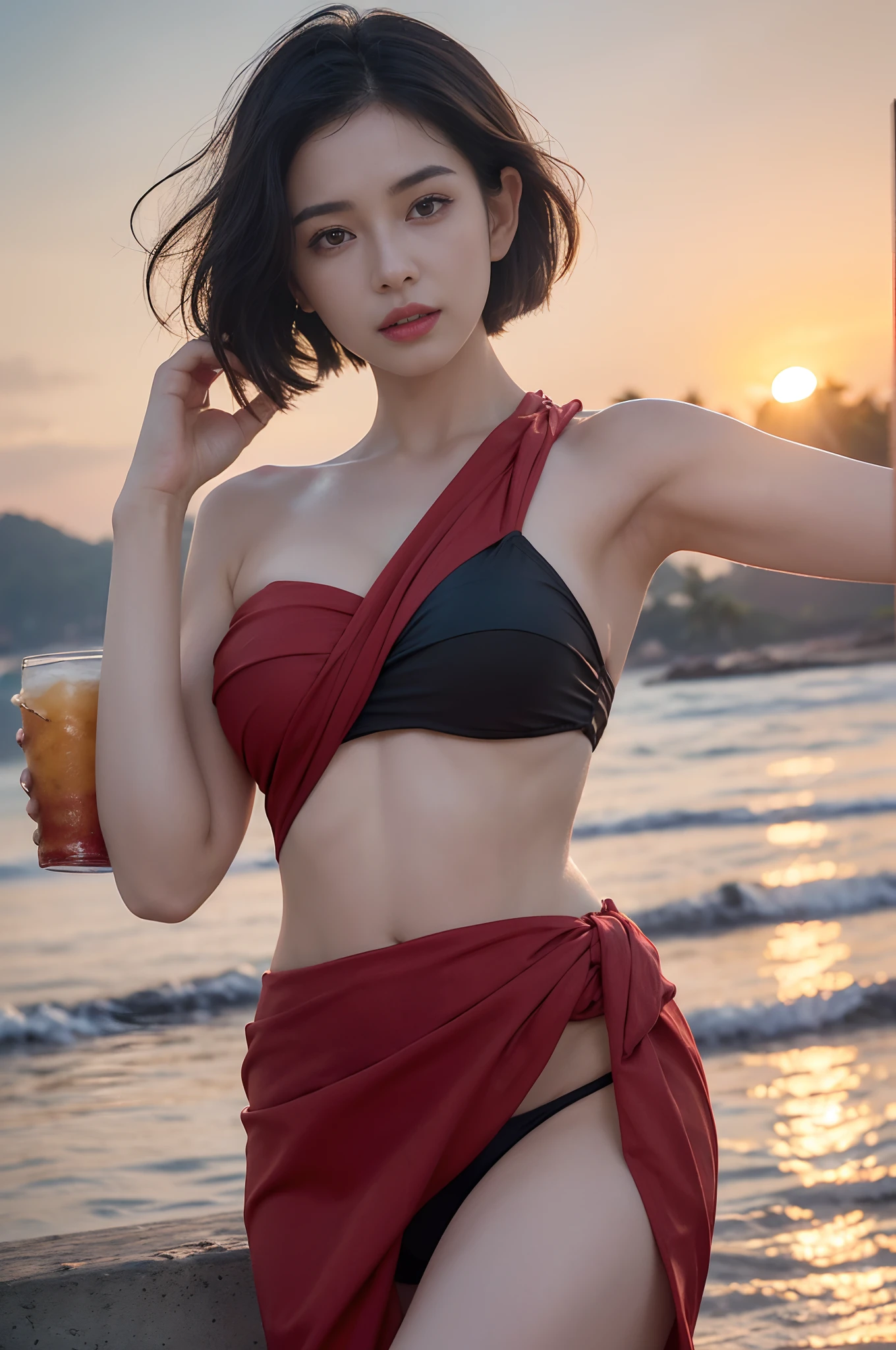 (One Person), (Ultra Realistic Image of a Gorgeous 25 Years Old British Female Model), (Wavy Bobcut Black Hair:1.2), (Pale Skin:1.6),  (Detailed Oily and Sweaty Skin:1.2), (Wearing Red and Black Sarong-Style Swimsuit:1.4), (Busty Cup Size:1.6), (Dynamic Pose:1.4), (Clean Armpits:1.4), (Tropical Beach at Evening with Sunset:1.6), Centered, (Waist-up Shot:1.4), From Front Shot, Insane Details, Intricate Face Detail, Intricate Hand Details, Cinematic Shot and Lighting, Realistic Colors, Masterpiece, Sharp Focus, Ultra Detailed,  Taken with DSLR camera, Realistic Photography, Depth of Field, Incredibly Realistic Environment and Scene,  Master Composition and Cinematography