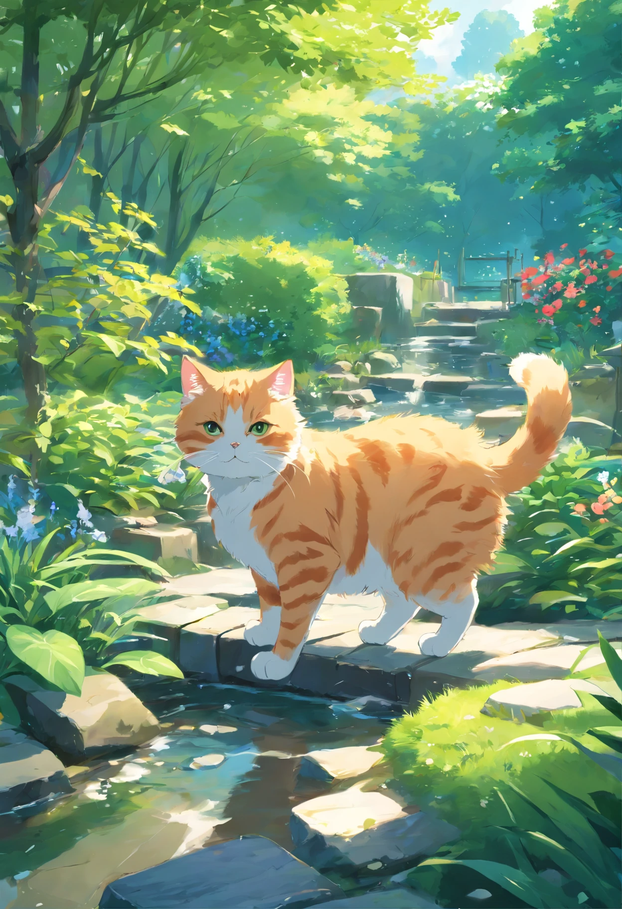 Scottish folding cat , trpical garden.Small streams.