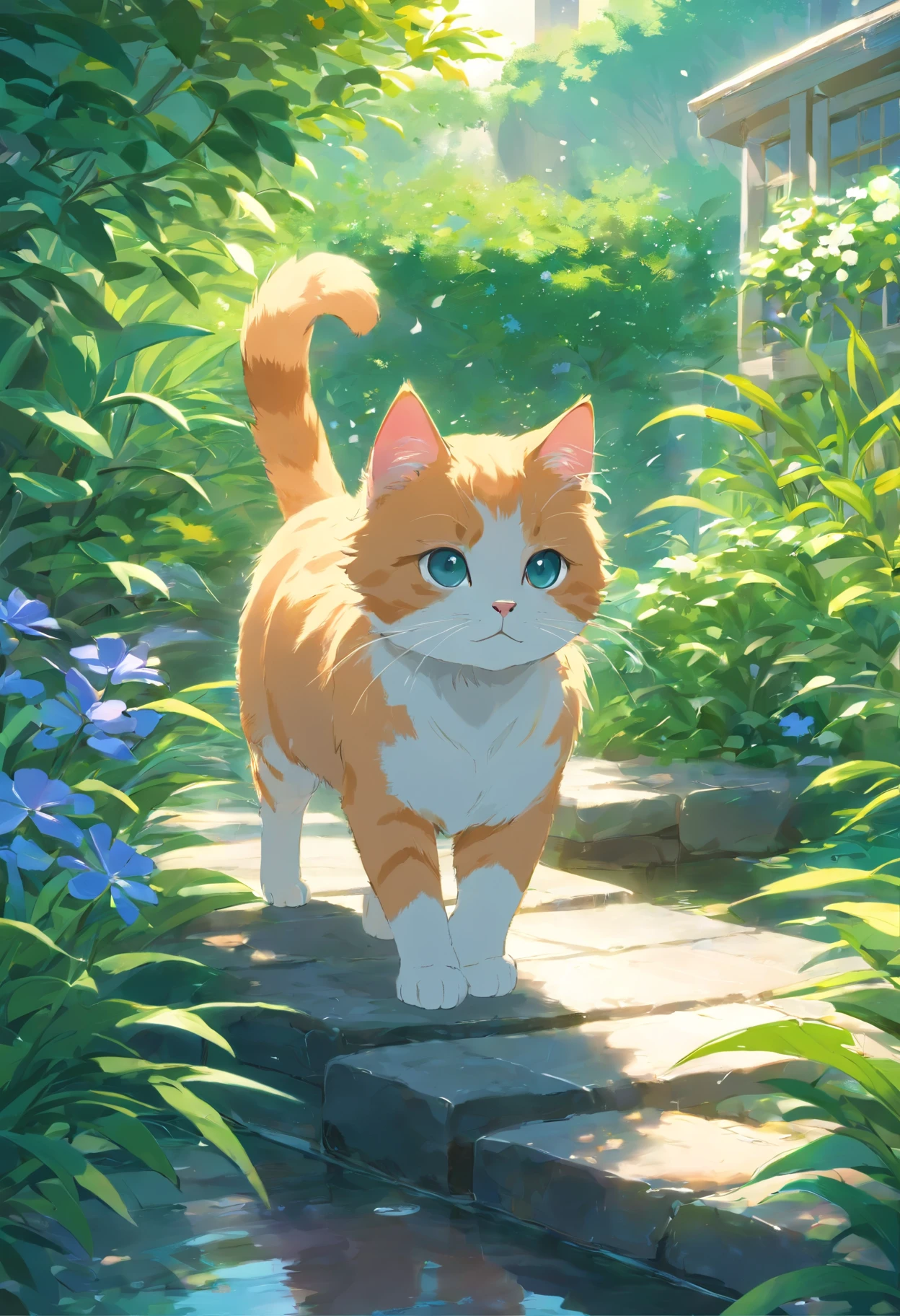 Scottish folding cat , trpical garden.Small streams.