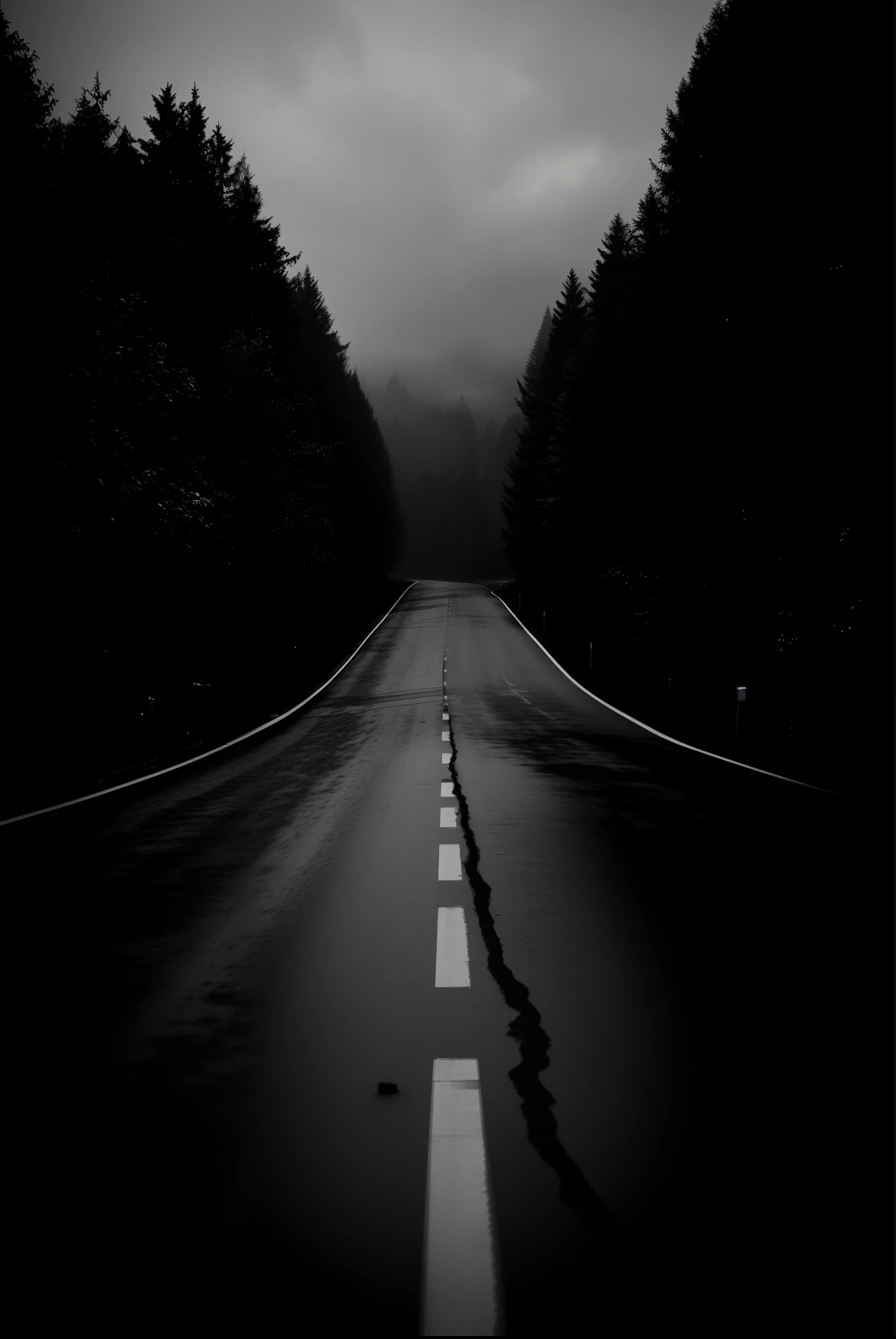 A black and white photo of a road with trees in the background, estrada escura, estrada preta, estrada molhada escura, estrada vazia, Estrada escura molhada, estrada vazia no meio, atmosfera escura pinterest, a estrada, Longo Caminho, caminho, Directed by: Peter Madsen, em uma estrada, Directed by: Cedric Peyravernay, Directed by: Karl Buesgen, rodovia