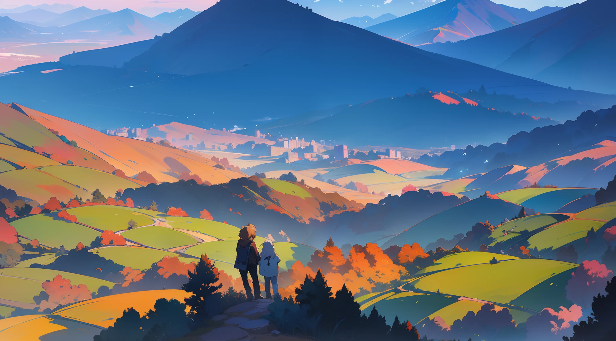 painting of a couple walking on a mountain with a view of a valley, anime landscape, anime countryside landscape, anime nature, anime background art, moebius and makoto shinkai, anime scenery concept art, makoto shinkai cyril rolando, anime landscape wallpaper, anime scene, anime movie background, gigantic landscape!, beautiful anime scene, anime background
