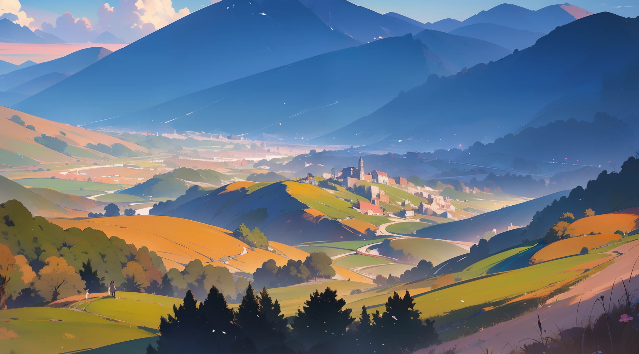 painting of a couple walking on a mountain with a view of a valley, anime landscape, anime countryside landscape, anime nature, anime background art, moebius and makoto shinkai, anime scenery concept art, makoto shinkai cyril rolando, anime landscape wallpaper, anime scene, anime movie background, gigantic landscape!, beautiful anime scene, anime background