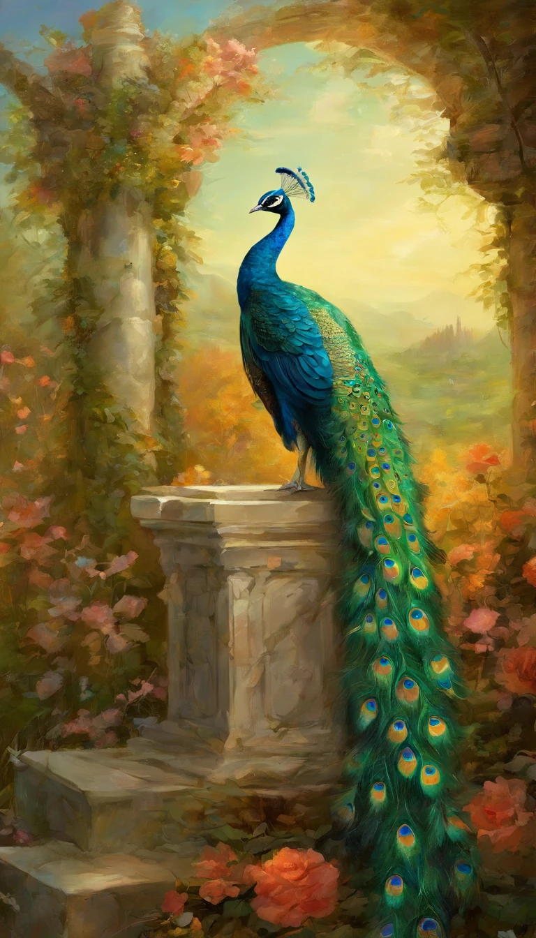 ((1Homens)) ((homem rosto com barba, deus da beleza)), ((Deus eros)), Deus da Lua, Um retrato impressionante de um deus, Frank Kelly Freas, estilo de Karol Bak, (( rosto lindo),(( Celtic Mystic Forest)), ((with a majestic peacock and a Greek column beside the man, Deus eros)), (( majestic peacock,ave de plumagem rara e bonita, Explendida )), 8K