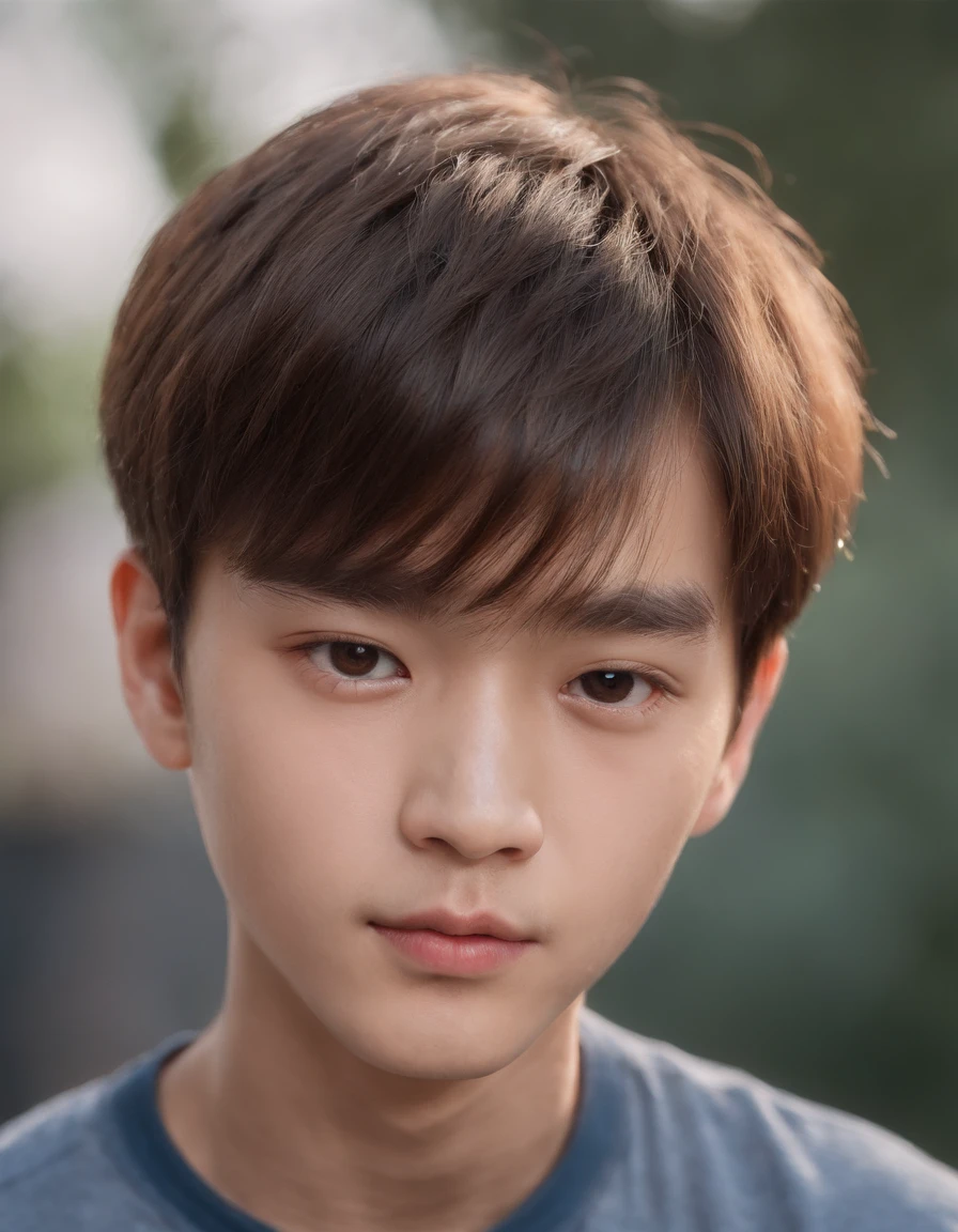 A pretty Asian boy with strong-looking features and sharp eyes. Bowl cut with dark haur. The portrait focuses on his face, with a close-up shot taken at 85mm. He is looking directly into the camera. The boy resembles Hwang hyunjin and Lee Jong-suk. The artwork is created using high-quality materials, such as oil painting or digital rendering. The image should have a realistic and photorealistic quality with ultra-detailed features. The lighting is well-balanced, highlighting the boy's facial structure and bringing out vivid colors in the artwork. The overall color tone should be warm and inviting.