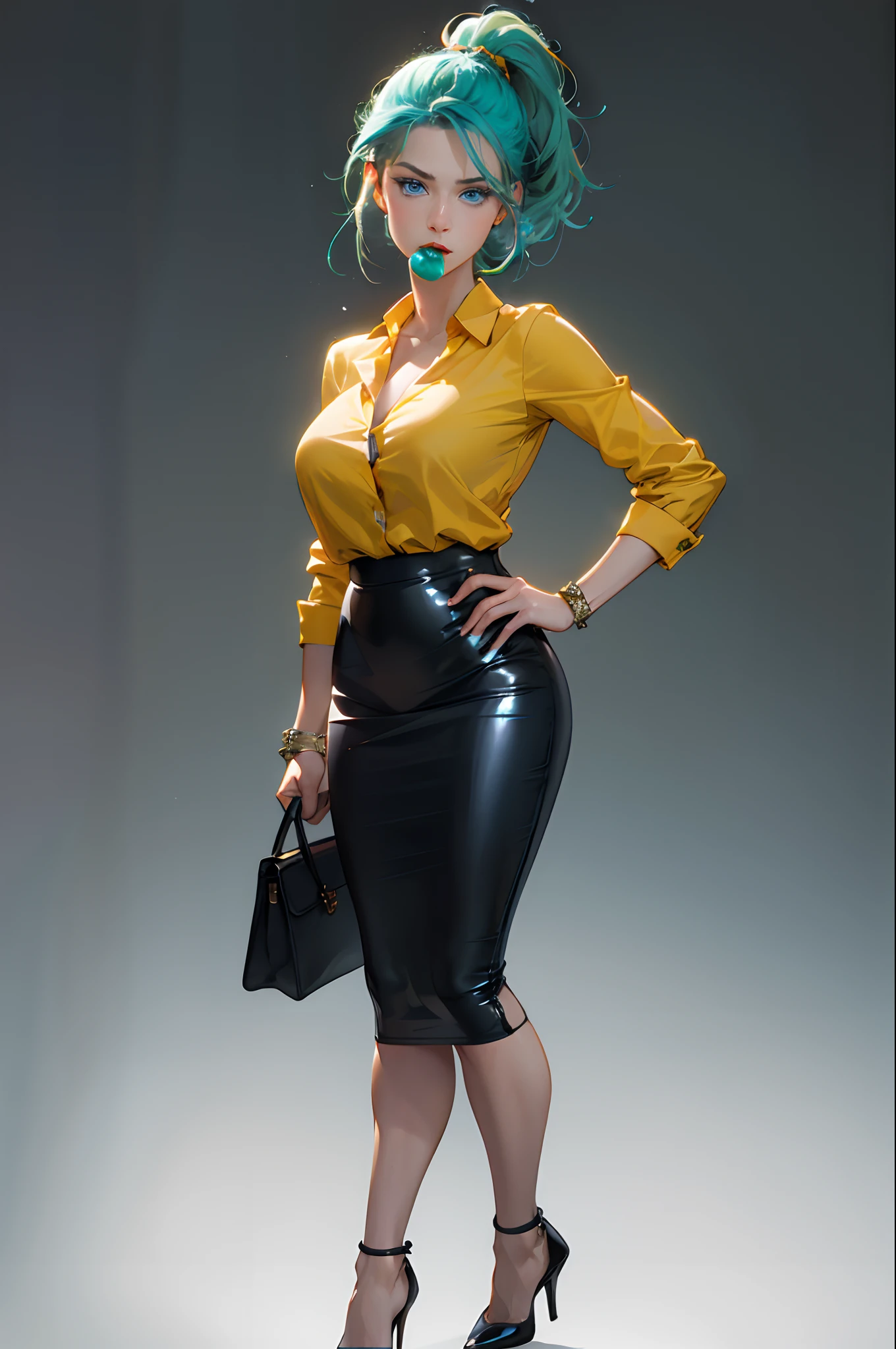 realistic, ((solo)) ((blue eyes, bright eyes)), 19 years old, perfect face, blushing, anime art, 1girl, jolynejojo, digital art, masterpiece, green and blue hair, braided_low ponytail, yellow lipstick 1girl, solo, jolynejojo, green eyes, lips, plug gag mouth, looking at viewer, halterneck, simple background, full body, short hair, massive breasts, high heels, latex blouse, black pencil skirt, handcuffs, angry face