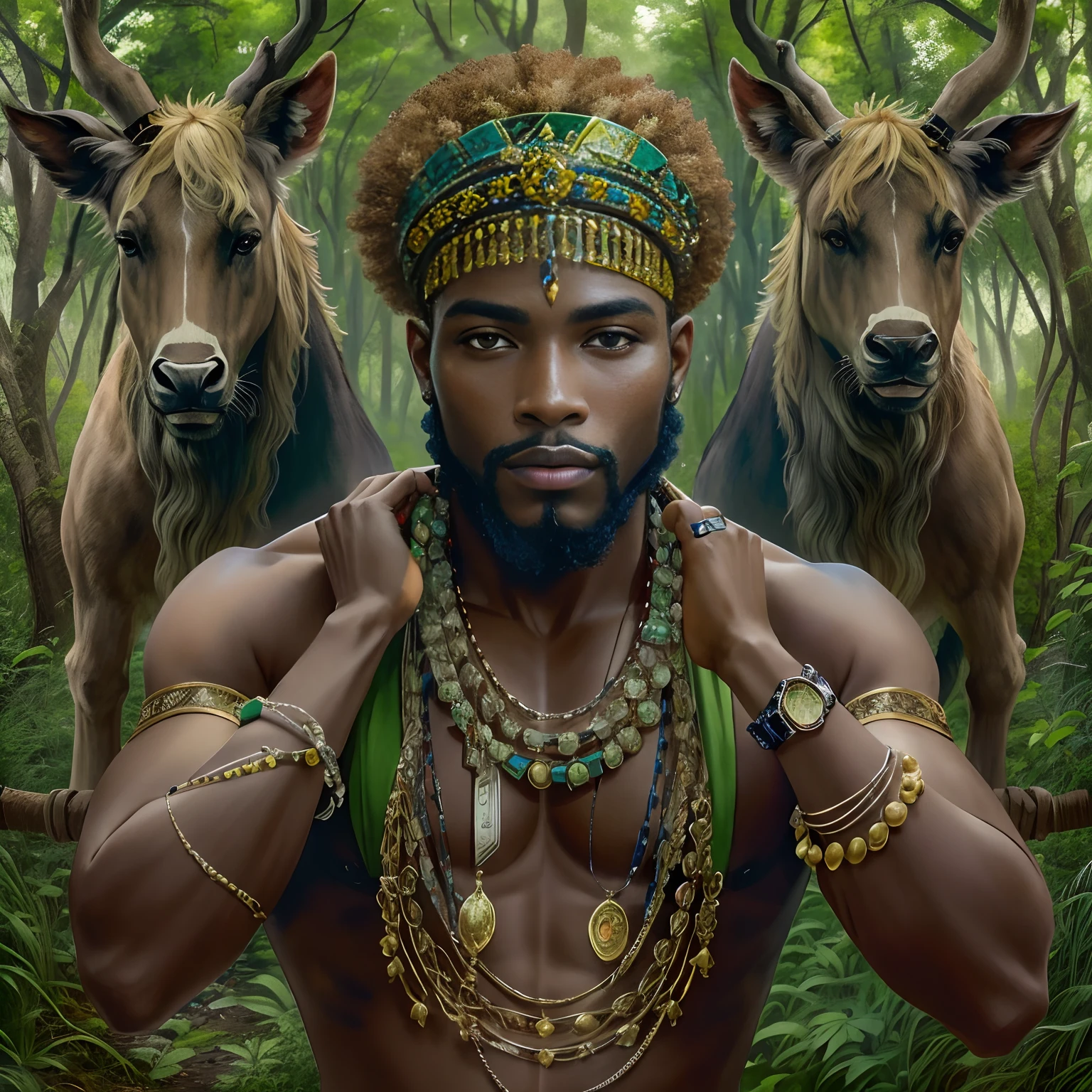(best quality), (super fino), (master part), estilo selfie, Busto Estilo Foto,somente rosto completo, divindade, Intricate ade on the head,homem preto, africano, Hunter King of the Hunt,fundo floresta, orisha, Entidade, pele negra, Green Accessories & props, Intrincado ADE Verde,