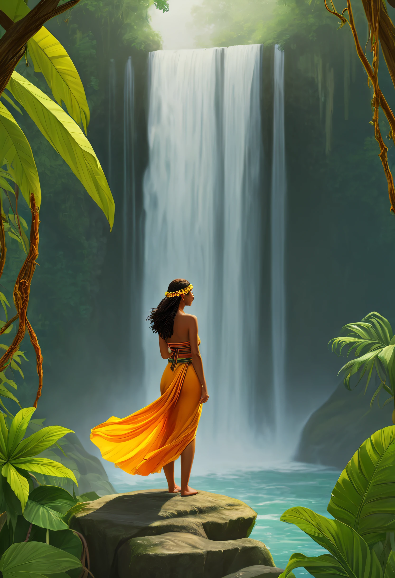 Illustration of waterfalls in the jungle clolors and woman nativa