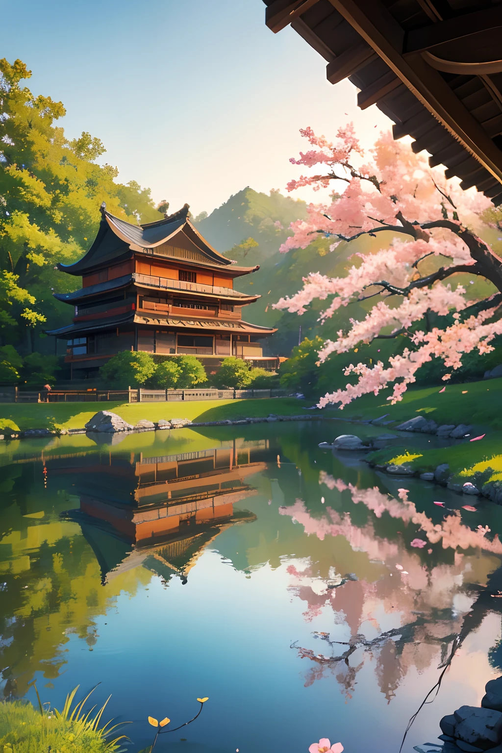 best quality,4k,8k,highres,masterpiece:1.2,ultra-detailed,realistic,photorealistic:1.37,illustration,traditional chinese art,lanterns,rustic style,majestic,floating lanterns,beautifully painted,serene atmosphere,authentic architecture,delicate brushwork,soft lighting,subtle shadows,detailed cherry blossom trees,vibrant colors,scenic view,golden sunlight,tranquil landscape,pristine nature,ancient Chinese architecture,peaceful ambiance,whimsical,impressive,serenity,vivid colors,cultural heritage,circular thatched cottage,archaic structures,traditional ornaments,antique carvings,flourishing cherry trees,tranquil meadow,ancient rocks,breathtaking scene,blooming petals,harmonious composition