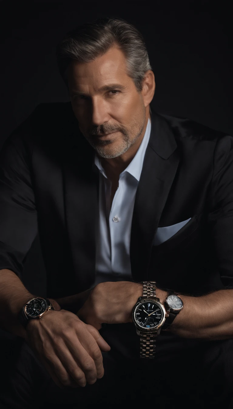 A mature and stable successful man in his 40s，male people，Bust photo，Wearing a watch on his hand，with black background，realistic portrait photography，k hd, 4K