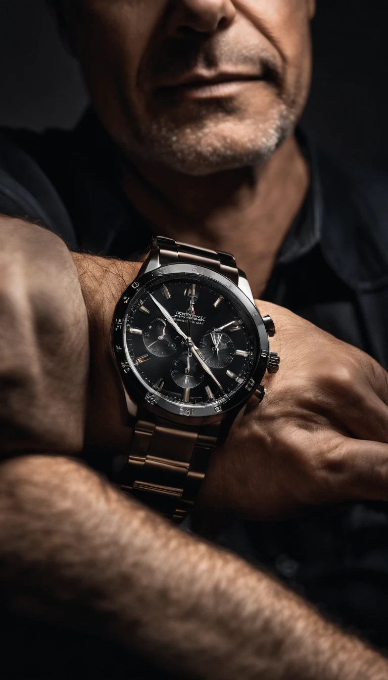 A mature and stable successful man in his 40s，male people，Bust photo，Wearing a watch on his hand，with black background，realistic portrait photography，k hd, 4K