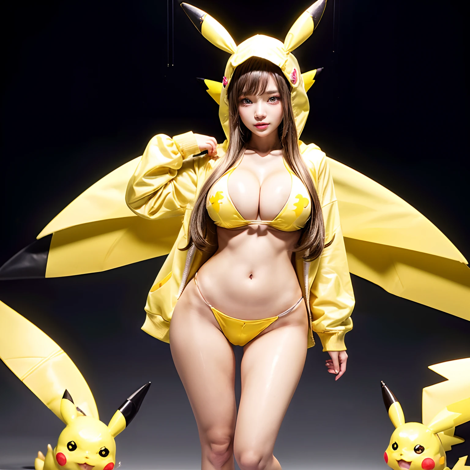 ((SFW, full body:1.35))、, 7 Oppai-Loli girls in Cosplay、Pikachu, (moe sleeves, yellow Pikachu suits with full opened front zipper、(Pikachu hood))、Floating hair、((Masterpiece:1.25, Photorealsitic:1.37))、8K Bestquality、((Detailed KAWAII Face))、Bright Shining Perfect eyes、{(Childish:1.2)| no underwear but Nipples are hidden|gold tape|(gold nipple stickers)|(Gigantic Cleavage:1.37)}、(Detailed glistening ivory skin)、extremely detailed、{((Yellow Pikachu hood))}、Smooth shading、Soft Lighting with many Follow lights、clear focused、bokeH、Crowded city background、Vivid colors, {(shouting)| Trick or treat|mischievous smile}, Overflowing、Biomechanical HUGE and HEAVY boob, {Ass focus| ((grabbing chests))| hidden hands| thumbs up| face focus},(((nabel, no extra hands, correct hands, perfect anatomy, Detailed open crotch))),