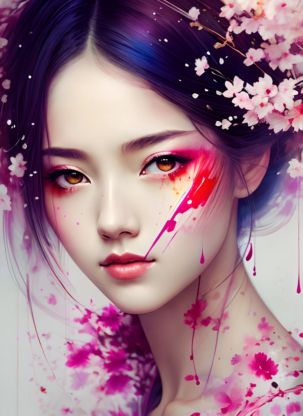 a abstract painting of a geisha blend with cherry blossoms by agnes cecile, luminous design, pastel colours, ink drips, dynamic lights, double exposure, artistic, aesthetic, unique