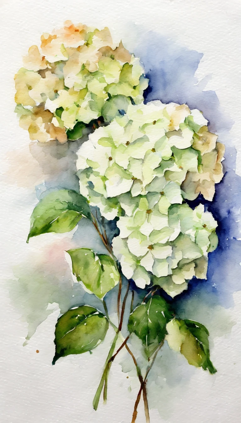 A small bouquet of 2 hydrangeas with full stems, white background