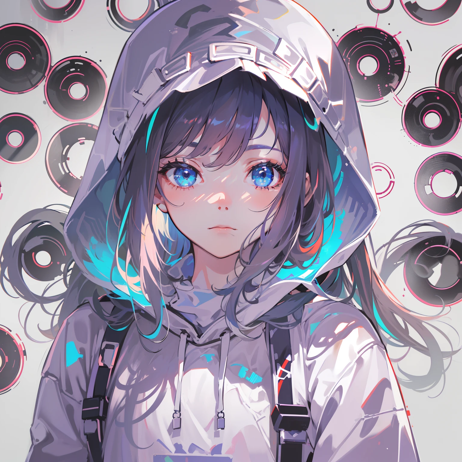 (Best Quality, masutepiece), Glitch Screen Filter, (1girl in, Solo, hoods, Facial expression face,,Looking at Viewer, Cap, Blue eyes, Long straight hair, Closed mouth, Upper body,), (monochromes, Multicolored carved circles, White wall),bobhair