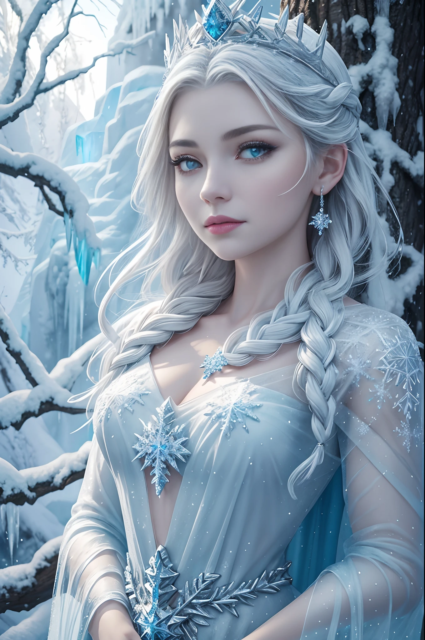 Portrait of a frozen ice statue of a goddess, crown made of snowflakes, higly detailed mini iced spikes, tree and ice waterfall as background, light reflecting in the ice crystals, flowing snowflakes.