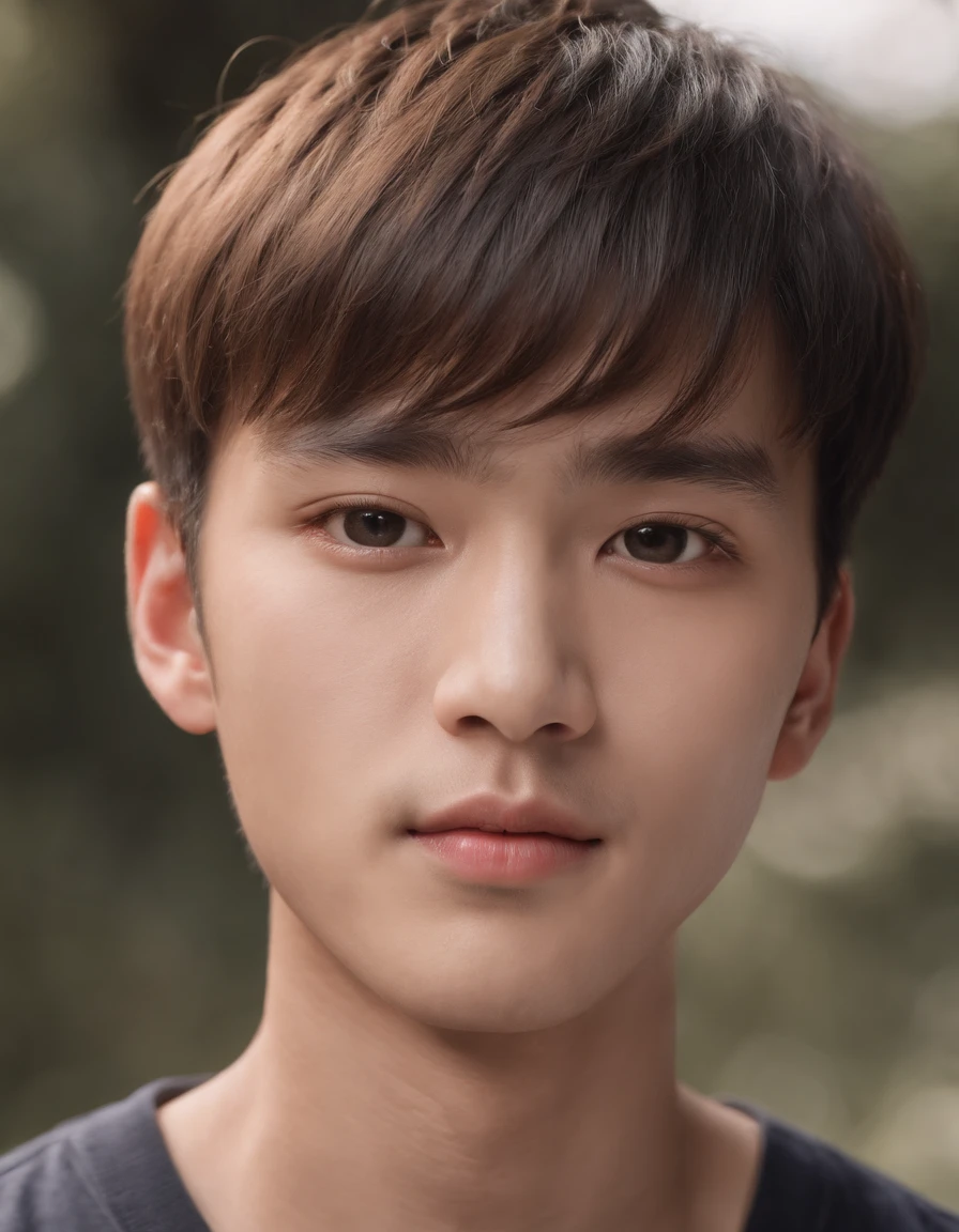 A pretty Asian man with strong-looking features and sharp eyes. Bowl cut with dark haur. The portrait focuses on his face, with a close-up shot taken at 85mm. He is looking directly into the camera. The boy resembles Hwang hyunjin and Lee Jong-suk. The artwork is created using high-quality materials, such as oil painting or digital rendering. The image should have a realistic and photorealistic quality with ultra-detailed features. The lighting is well-balanced, highlighting the boy's facial structure and bringing out vivid colors in the artwork. The overall color tone should be warm and inviting.