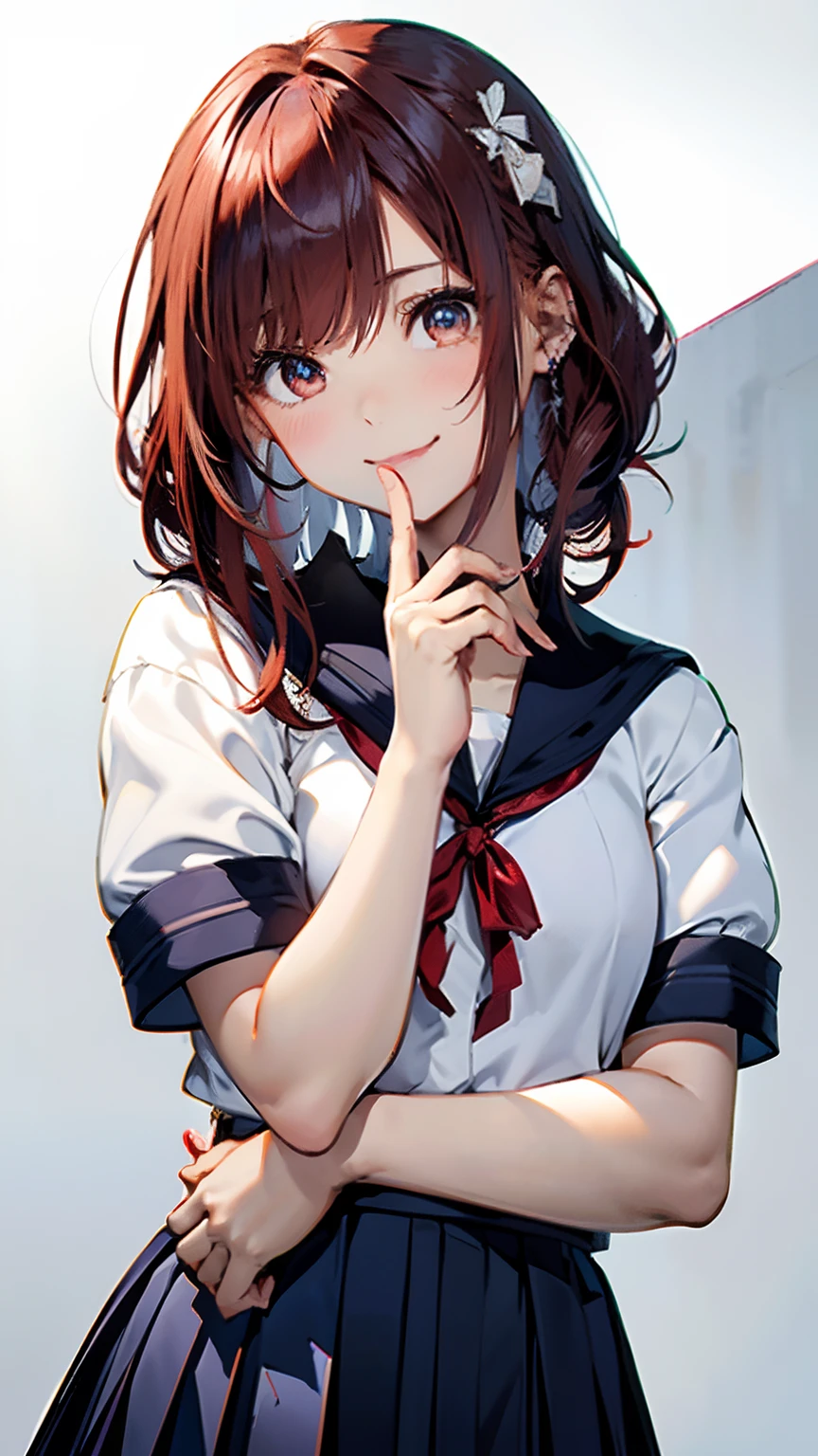 (top-quality, 8K, 32K, masterpiece, nffsw:1.2), (Raw photography), (realisitic), (Photorealsitic:1.2), (hight resolution), ultra-detailliert, extremely beautiful face and eyes, 1girl in, infp young woman, round small face, big breasts thin waist、(((tiny chest)))、(((White wall background)))、slim proportions, (student clothes, a sailor suit、White sailor suit, Dark blue pleated skirt:1.23), (bustshot)、(((Red hair)))、((Sailor suit with short sleeves))、A smile、Looks happy、(I have my index finger up)、((Facing the front))