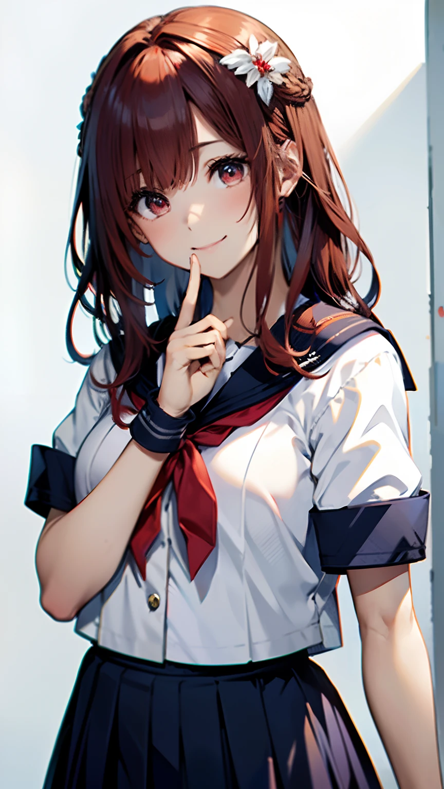 (top-quality, 8K, 32K, masterpiece, nffsw:1.2), (Raw photography), (realisitic), (Photorealsitic:1.2), (hight resolution), ultra-detailliert, extremely beautiful face and eyes, 1girl in, (Lori), infp young woman, round small face, big breasts thin waist、(((tiny chest)))、(((White wall background)))、slim proportions, (student clothes, a sailor suit、White sailor suit, Dark blue pleated skirt:1.23), (bustshot)、(((Red hair)))、((Sailor suit with short sleeves))、A smile、Looks happy、(I have my index finger up)