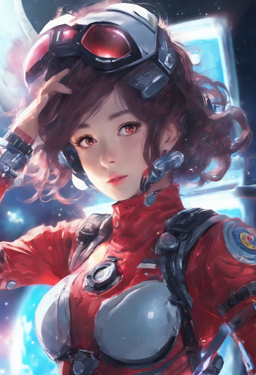 (Fantastical:1.4),( Professional Lighting:1.4),(-yeld gi1.4),(kosmos:1.4),(red necklace:1.4),(Short Girl:1.4),(space suits:1.6),(space walk:1.6),(1 girl in:1.6),(drooing eyes:1.4),(Smaller chest:1.4)、(A dark-haired),(lean girl:1.4)、( Black eyes :1.4),Looking at Viewer,Beautiful woman girl,(Skindentation:1.4), Best Quality, 超A high resolution, (Photorealistic:1.4)、full body Esbian、Full body like、Medium Hair,