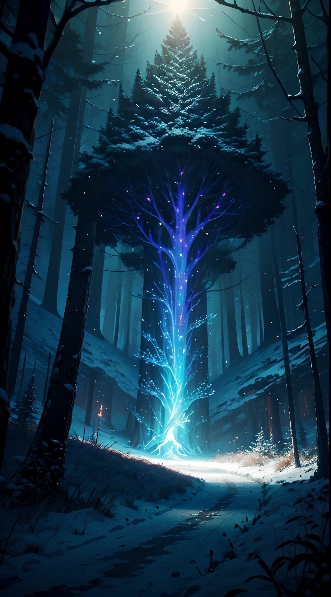 (Magical Digital Artwork:1.3), (masterpiece), a magical florest, gorgeous landscape, strange trees, magical glow, adventure, , snow, (florest:1.3),cinematic, mushrooms,, (ciano glow:1.3), artstation, fantasy, epic, (light particles:1), (night:1.3), snow, a eery atmospere, nature texture,grass, rocks, radioactive, spectral,crazy, alllien asthetic, breath taking,amazing