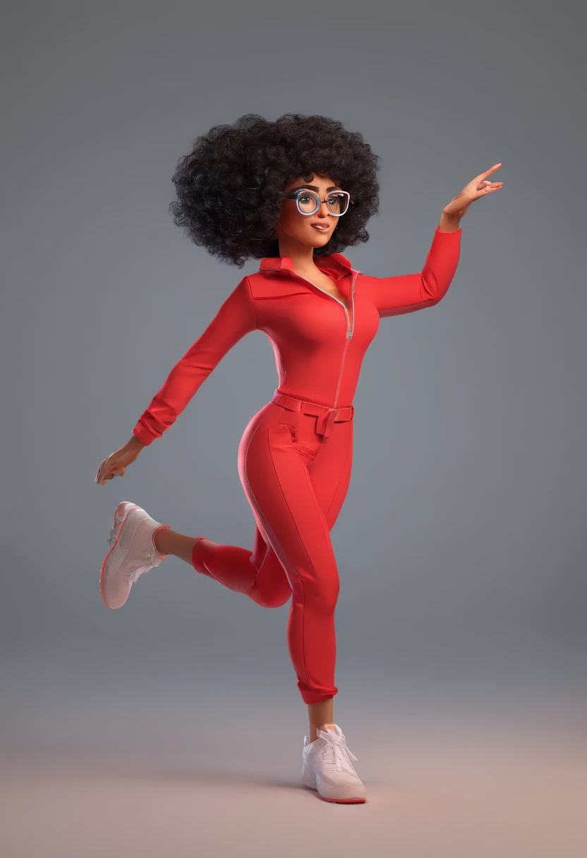 A white girl with black curly hair reaching her shoulders, his eyes are black, Her skin color is light, She wears prescription glasses, sorri, She's got an electric charge coming out of her hand, She's powerful She's dressed in a red jumpsuit
