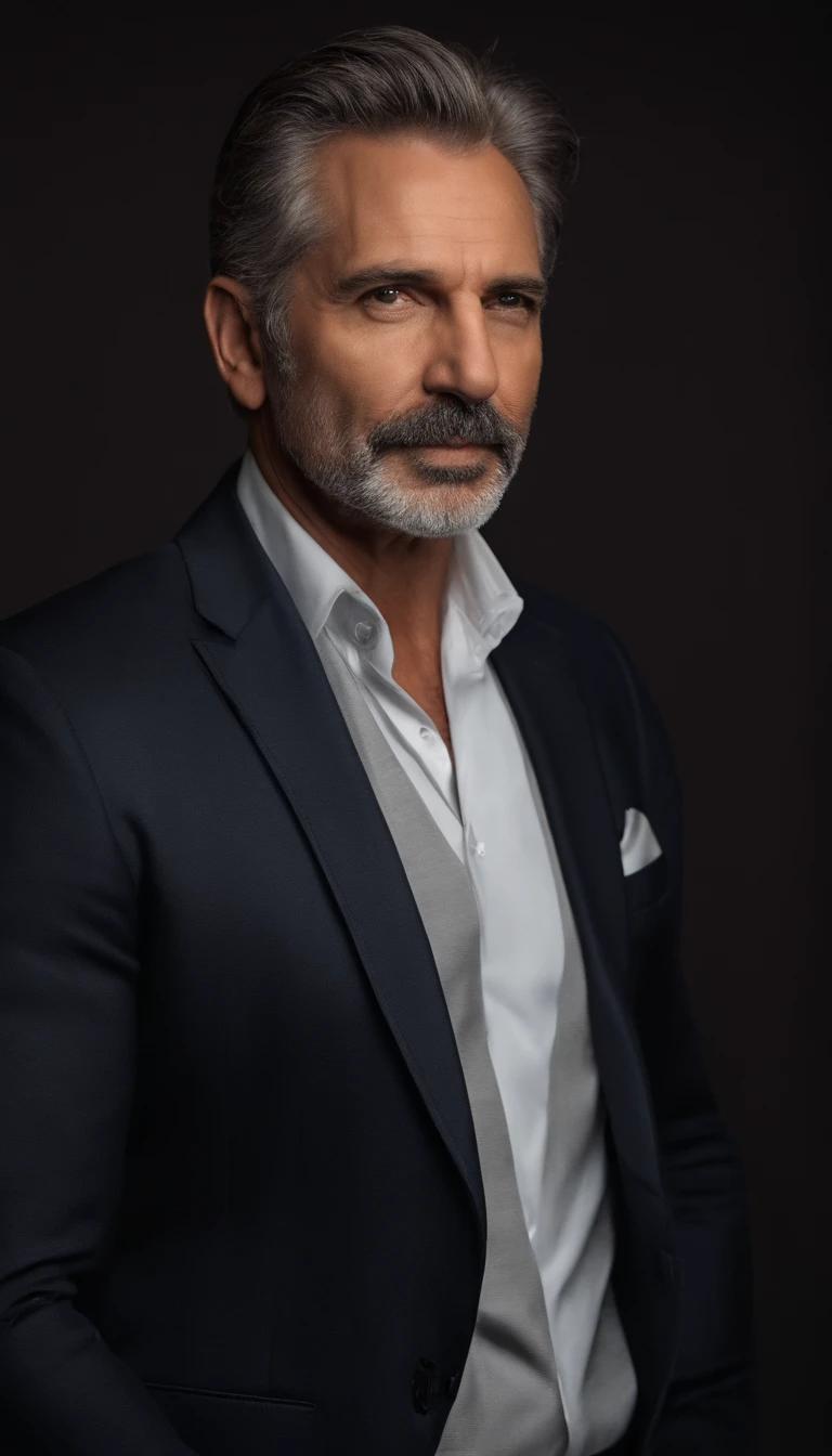 A mature and stable successful man in his 40s,male people,Bust photo,with black background,realistic portrait photography,k hd, 4K