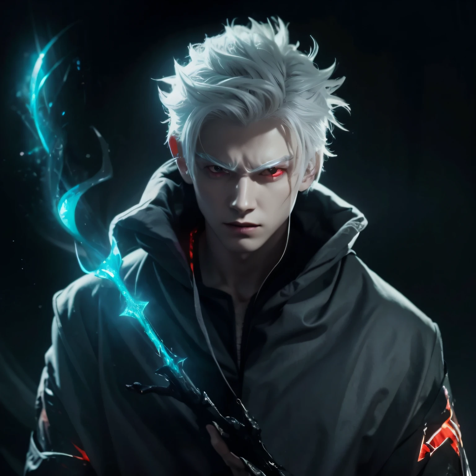 boy, glowing red eyes, white hair, sharp eyes, bloody eyes, evil aura, menacing aura, fantasy, wizardry, black robe, ice staff, white skin, ultra high res.photorealistic:.1.4,UHD