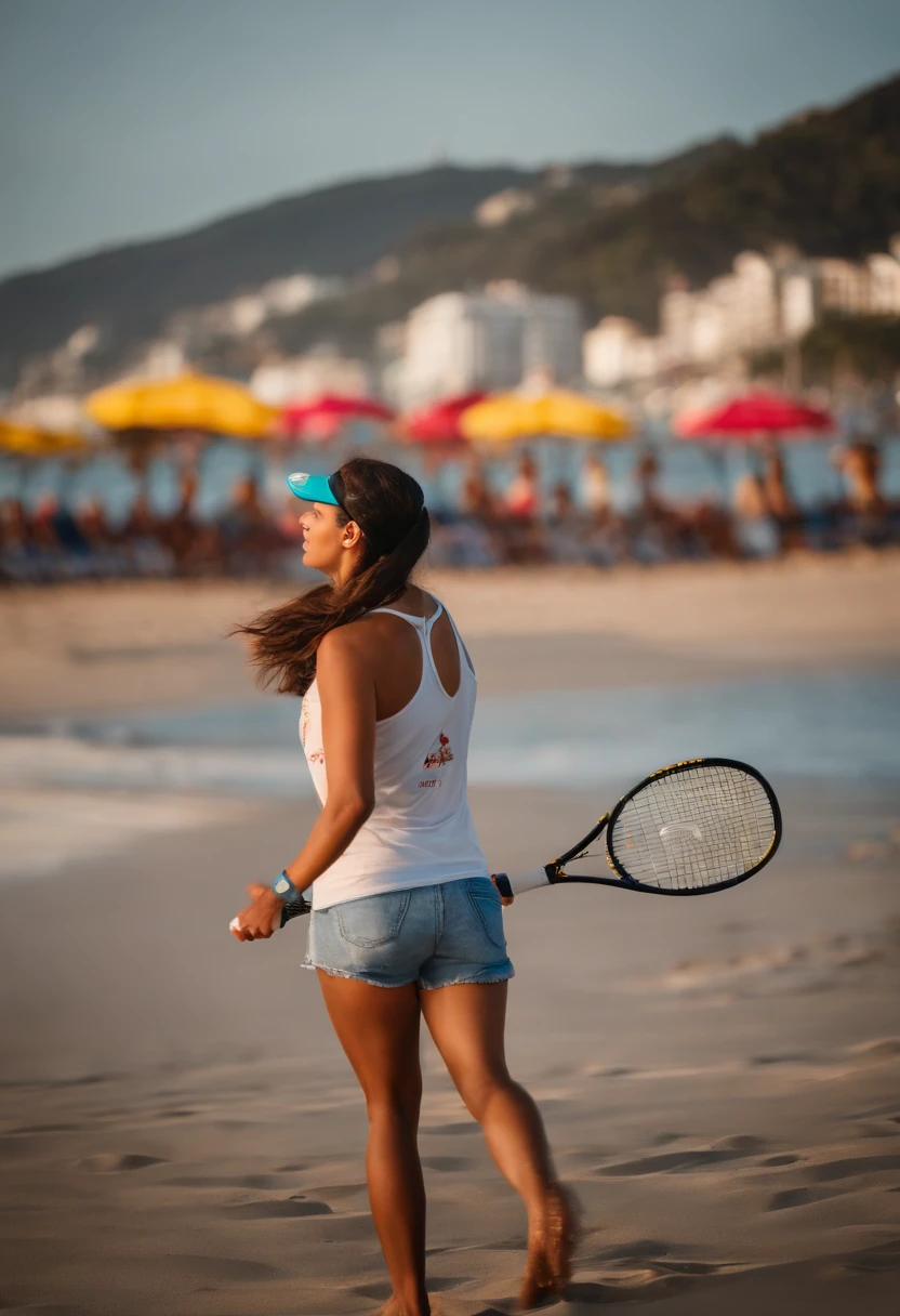 Mulher jovem jogando beach tennis na praia de Copacabana com camisa escrito Slice no peito Disney pixar