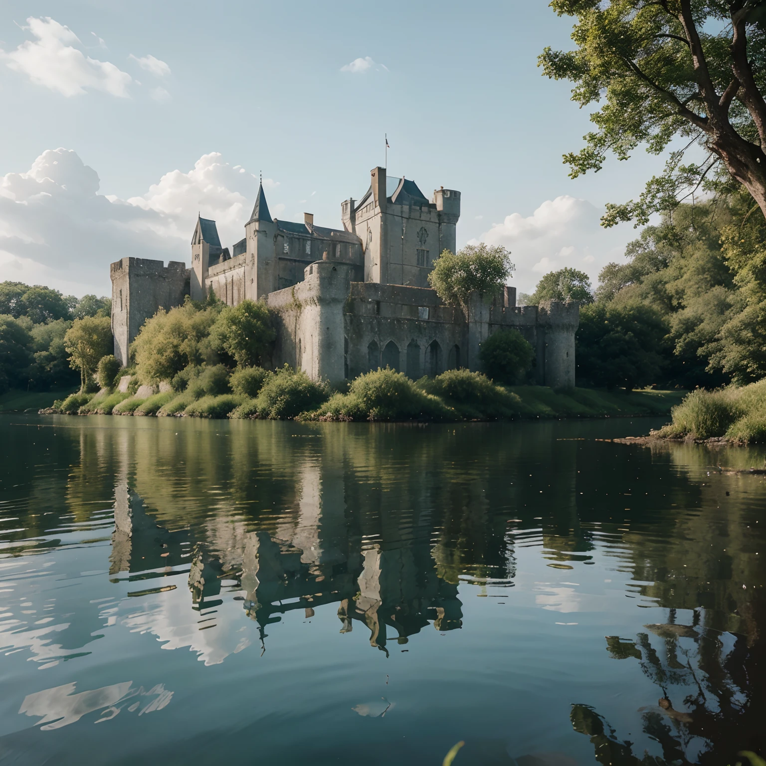 ruined castle in front of a lake, where its reflection hits the water and reflects upon its days of glory, (best quality, highres, photorealistic), hauntingly beautiful scenery, ancient stone walls covered in moss, (subtle, muted) color palette reminiscent of fading memories, (soft, diffused) light streaming through the broken windows, (eerie, surreal) atmosphere, (majestic) towers and turrets reaching towards the sky, (calm, serene) lake with gentle ripples, (detailed) ripples shimmering (subtly) in the sunlight, (memories of vibrant gardens) now overgrown with wildflowers and ivy, (whispering echoes) of past grandeur in the wind, (mysterious) figures wandering through the ruins, (hint of nostalgia) in the air, the tranquil reflection of the castle fading into obscurity, reminiscent of its glorious history [castle ruins, lake, reflection, glory days, haunting, mossy walls, faded memories, soft light, eerie atmosphere, majestic towers, serene lake, shimmering ripples, overgrown gardens, whispering echoes, mysterious figures, nostalgic].