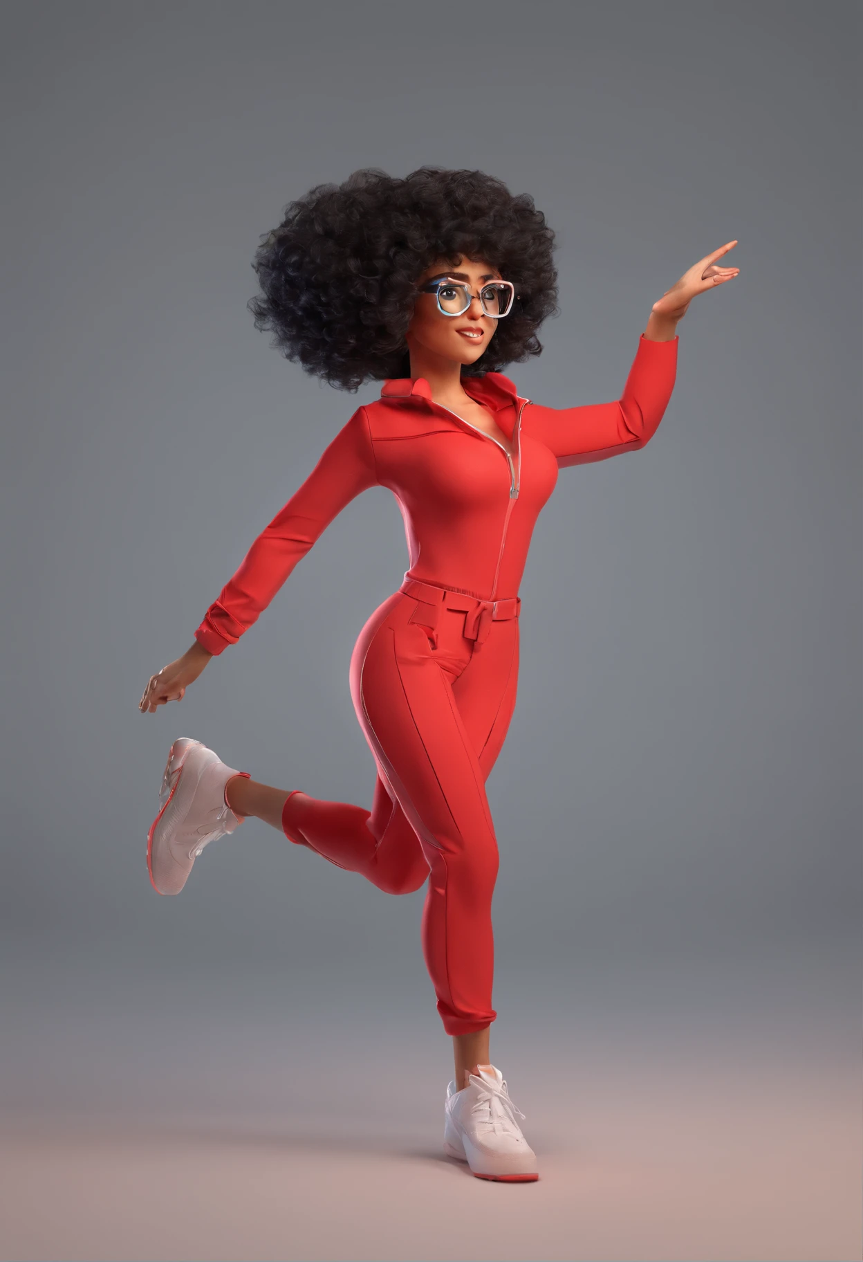A white girl with black curly hair reaching her shoulders, his eyes are black, Her skin color is light, She wears prescription glasses, sorri, She's got an electric charge coming out of her hand, She's powerful She's dressed in a red jumpsuit