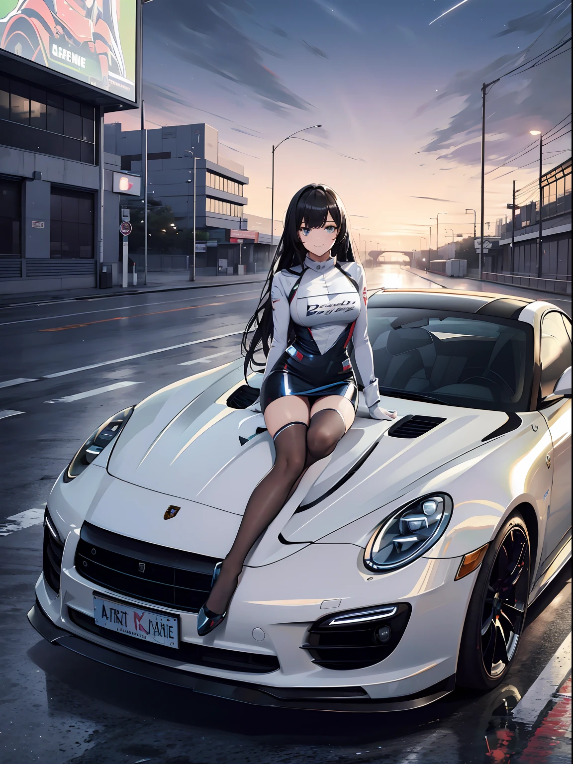 16K, HDR, ray tracing, RTX, ultra realistic, highres, wide angle shot, best quality, masterpiece, full body image, (perfect anatomy ), long black hair, happy chuckle, blue eyes, sexy body, looking at the camera, night time, anime style, trending on artstation, WLOP, sakimichan, award wining, great composition, perfect, great lighting, sitting on porsche 911 hood, 1car, car girl, racing girl