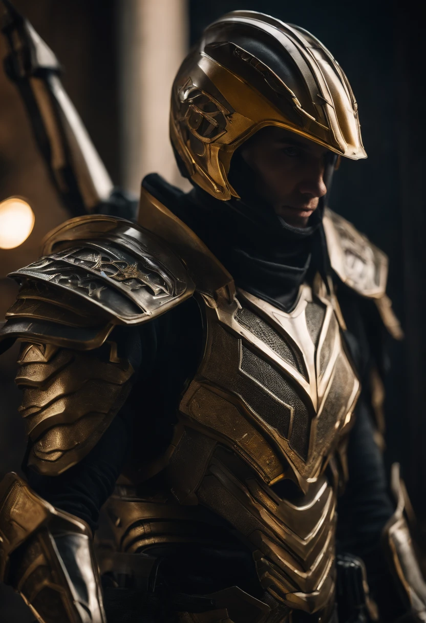full body of a high elf sci fi soldier wearing heavy sci fi elven armor, black and gold armor and helmet, visor, boots, male, holding a light machine gun, full body, HD
