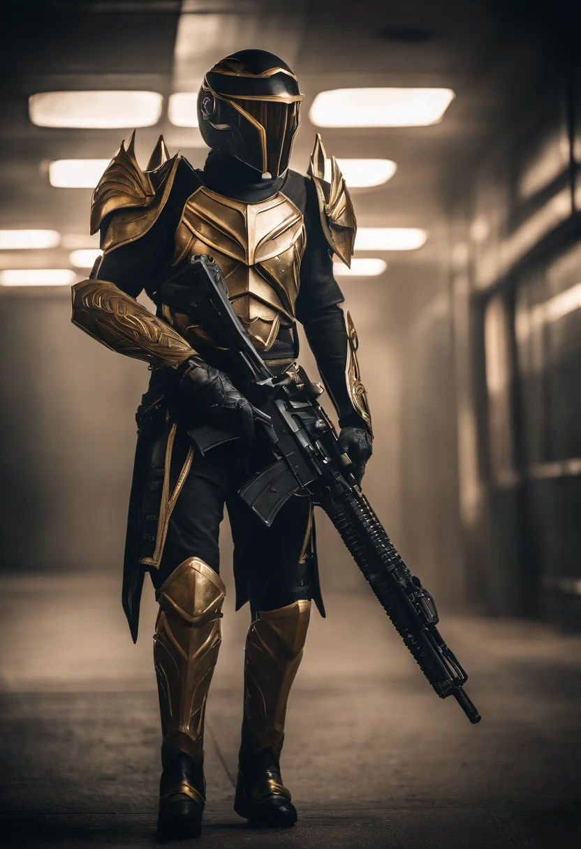 full body of a high elf sci fi soldier wearing heavy sci fi elven armor, black and gold armor and helmet, visor, boots, male, holding a light machine gun, full body, HD